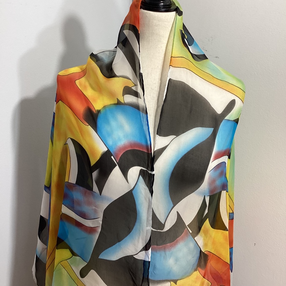 VINTAGE WOMAN ART DECO 100% SILK SCARF CHIFFON WEIGHTLESS WRAP 150"x35" - Picture 2 of 8
